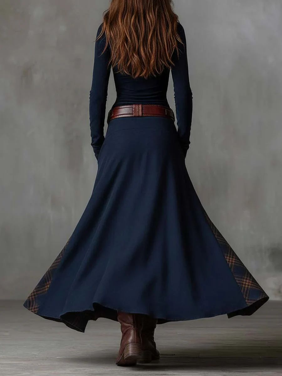 Leonora | Vintage Long Dress in Navy Blue Suede Check (Includes Belt)