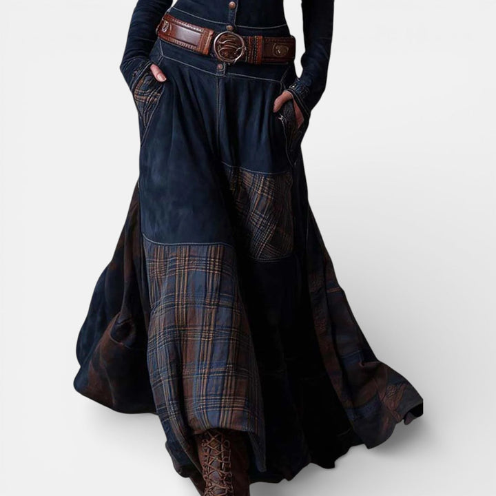 Leonora | Vintage Long Dress in Navy Blue Suede Check (Includes Belt)