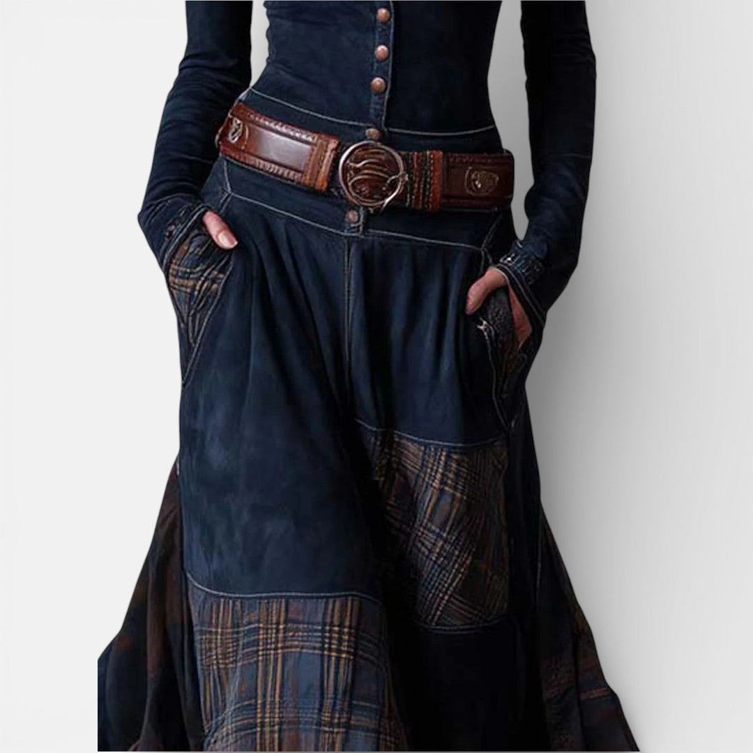 Leonora | Vintage Long Dress in Navy Blue Suede Check (Includes Belt)